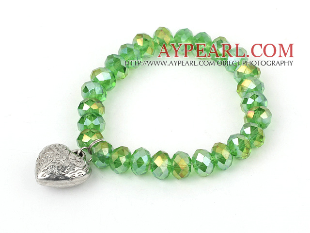 Grass Green Manmade Crystal Elastic Bangle Bracelet with Heart Shape Metal Accessories