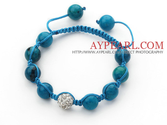 Lake Blue Series 10mm Round Blue Spider Stone and White Rhinestone Beads Adjustable Drawstring Bracelet