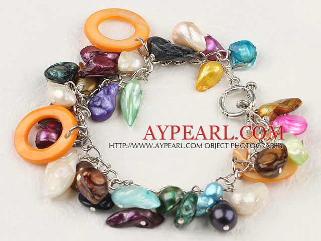 Nice Multi Color Freshwater Blister Pearl And Orange Hollow Disc Shell Bracelet With Toggle Clasp