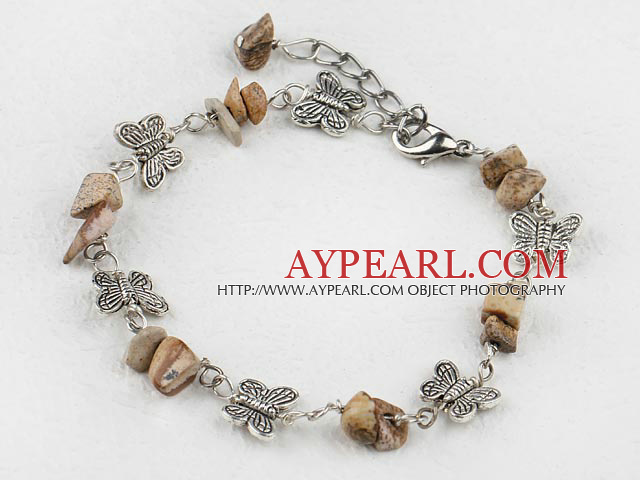 Nice Chipped Picture Jasper And Butterfly Charm Bracelet With Extendable Chain