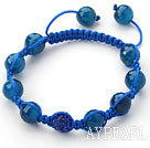 Dark Blue Series 10mm Round Dark Blue Facted Agate Stone and Rhinestone Beads Adjustable Drawstring Bracelet