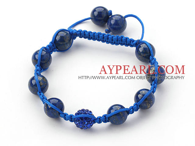Dark Blue Series 10mm Round Lapis Stone and Rhinestone Beads Adjustable Drawstring Bracelet