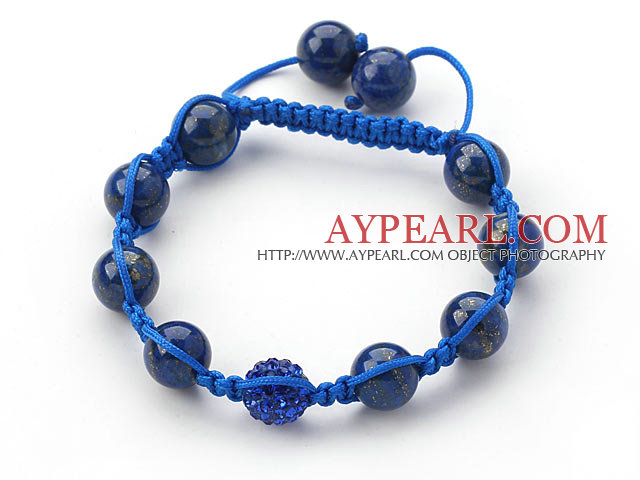 Dark Blue Series 10mm Round Lapis Stone and Rhinestone Beads Adjustable Drawstring Bracelet
