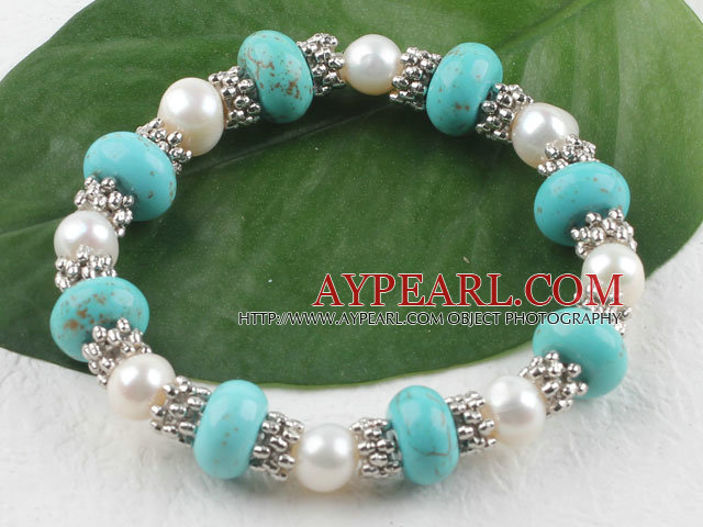 Fashion White Freshwater Pearl And Turquoise Metal Charm Beaded Elastic Bangle Bracelet