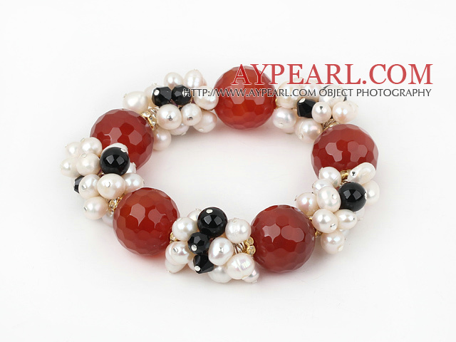 Assorted White Freshwater Pearl and Big Red Carnelian Stretch Bracelet