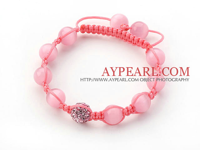 Pink Series 10mm Round Pink Cats Eye och pärlor Rhinestone justerbar dragsko Armband