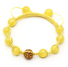 Yellow Series 10mm Round Yellow Cats Eye and Rhinestone Beads Adjustable Drawstring Bracelet