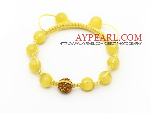 Yellow Series 10mm Round Yellow Cats Eye and Rhinestone Beads Adjustable Drawstring Bracelet