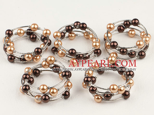Fashion 5 Pcs 12Mm Champagne And Brown Color Acrylic Manmade Pearl Wrap Wired Bangle Bracelet