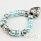 Wholesale Fashion Aquamarine Blue Round Acrylic Pearl And Engraved Metal Charm Heart Pendant Bracelet