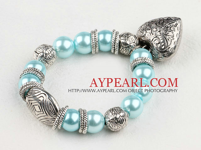 Fashion Aquamarine Blue Round Acrylic Pearl And Engraved Metal Charm Heart Pendant Bracelet