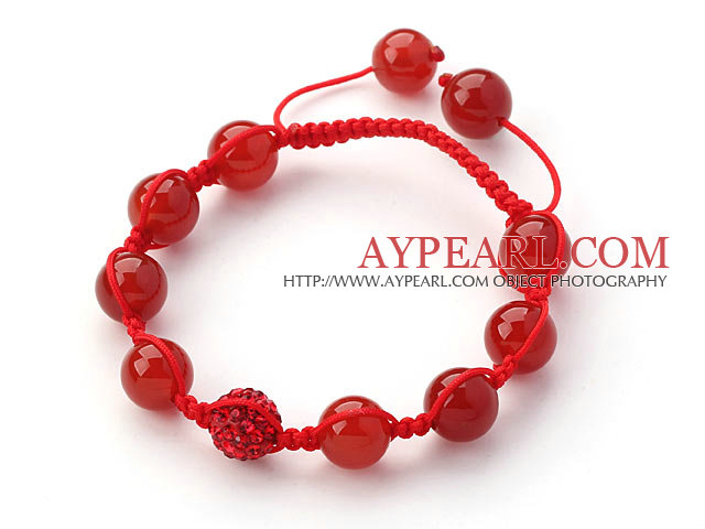 Red Series 10mm Round Carnelian and Rhinestone Beads Adjustable Drawstring Bracelet