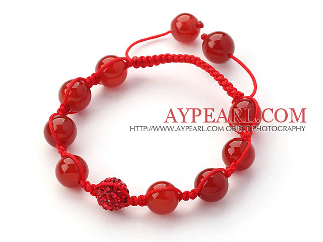 Red Series 10mm Round Carnelian og Rhinestone perler justerbar snor armbånd