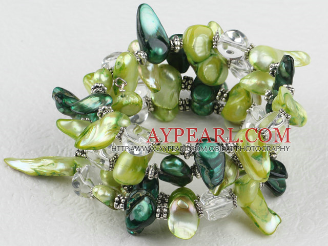 Nice Double Green Blister Pearl And White Crystal Wrap Elastic Stretch Bracelet Bangle