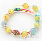 Wholesale Yellow and Blue Series 10mm Round Yellow Cats Eye and Blue Jade and Rhinestone Beads Adjustable Drawstring Bracelet