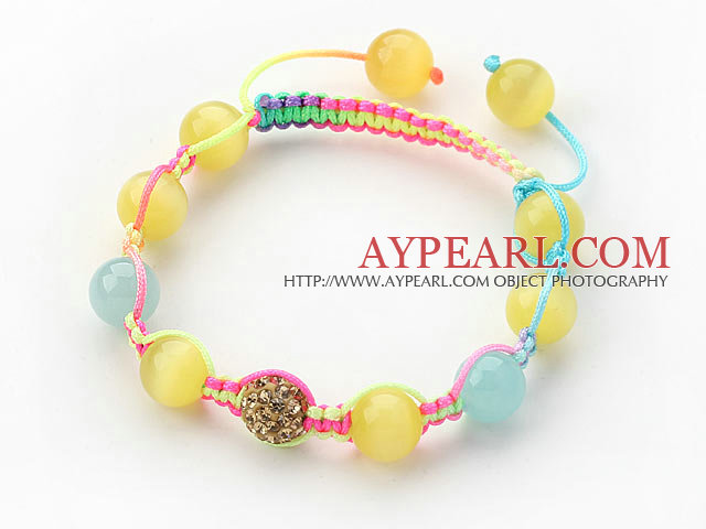 Yellow and Blue Series 10mm Round Yellow Cats Eye and Blue Jade and Rhinestone Beads Adjustable Drawstring Bracelet