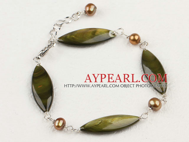 Lovely Yellow Olive Color Eye Shape Shell And Brown Freshwater Pearl Link Bracelet