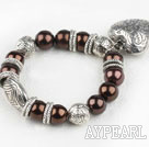 Lovely Brown Round Acrylic Pearl And Engraved Metal Charm Heart Pendant Bracelet