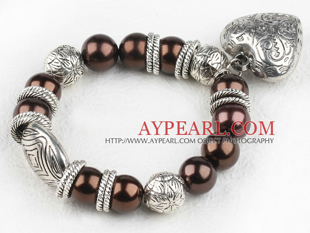 Lovely Brown Round Acrylic Pearl And Engraved Metal Charm Heart Pendant Bracelet