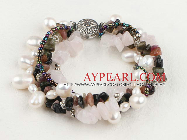 Natural Fresh Water Pearl Rose Quartz And Multi Color Chipped Stone Bracelet