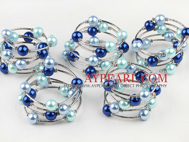 Elegant 5 Pcs 12Mm Round Blue Series Acrylic Manmade Pearl Wrap Wired Bangle Bracelet