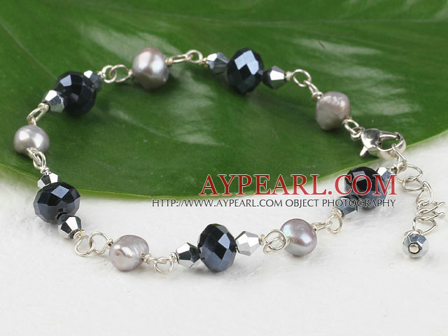 Fashion Grey Freshwater Pearl And Black Crystal Link Bracelet With Lobster Clasp
