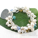 Wonderful White Freshwater Pearl And Multi Color Crystal Loop Chain Bracelet With Heart Charm