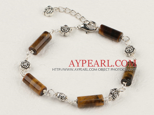 Fashion Cylinder Tiger Eye Link Loops Flower Charm Bracelet With Extendable Chain 