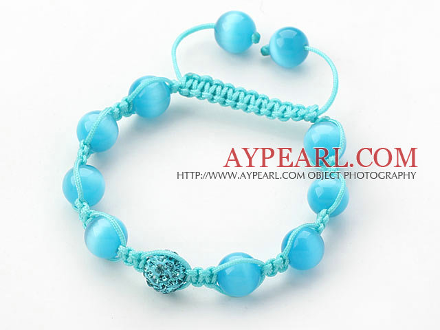 Lake Blue Series 10mm Round Lake Blue Cats Eye and Rhinestone Beads Adjustable Drawstring Bracelet