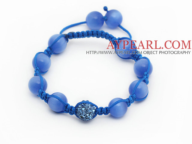 Sky Blue Series 10mm Round Cats Eye and Rhinestone Beads Adjustable Drawstring Bracelet