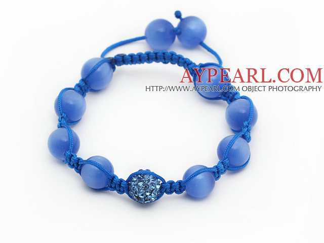 Sky Blue Series 10mm Round Cats Eye og Rhinestone perler justerbar snor armbånd