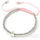 Round Metal Beads Woven Adjustable Drawstring Bracelet with Pink Thread