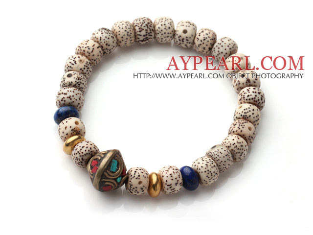 Vintage Style Single Strand Leaves the Bodhi Lapis Copper Beads Elastic Bracelet