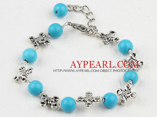 Nice 8Mm Round Blue Turquose Metal Charm Bracelet With Extendable Chain