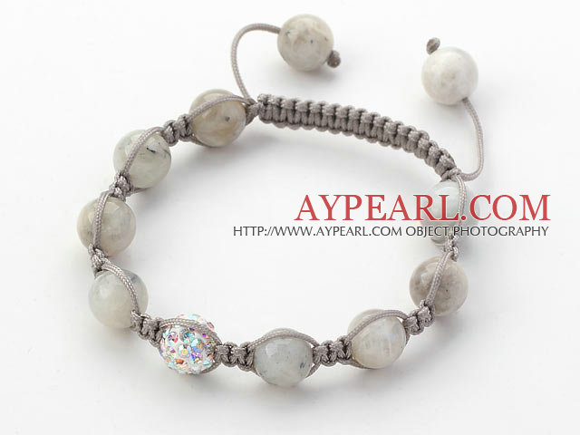 Gray Series 10mm Round Gray Moonstone and Rhinestone Beads Adjustable Drawstring Bracelet