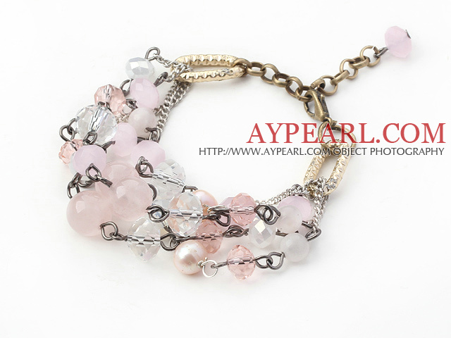 Pink Series Assorted White Freshwater Pearl and Rose Quartz Bracelet with Metal Chain