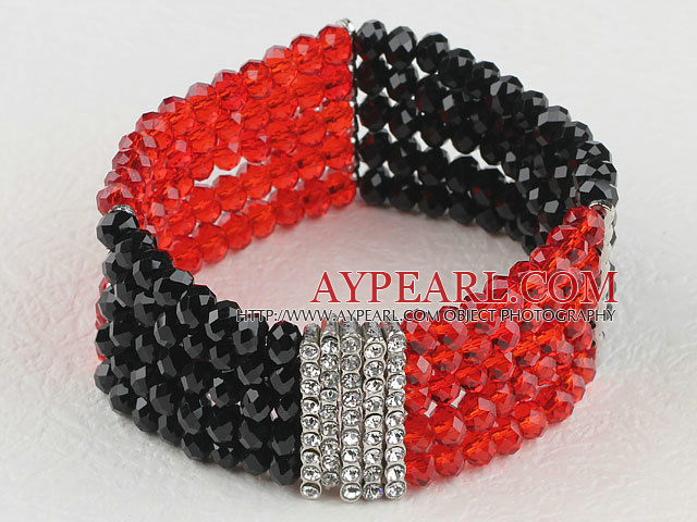 Beautiful Multi Strand Elastic Red And Black Crystal Bracelet With Rhinestone Charms