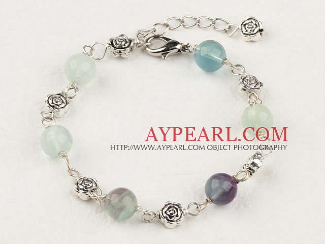 schönen Regenbogen Fluorit und Tibet Silber Blume Perlenarmband mit ausziehbarer Kette