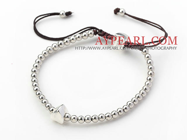 Round Metal Beads Woven Adjustable Drawstring Bracelet with Brown Thread