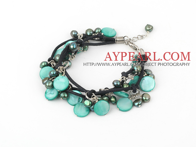 multi strand dyed green pearl and shell bracelet with extendable chain