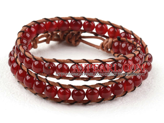 To rader runde røde Carnelian Perler weaved Wrap Bangle Bracelet med Metal Clasp