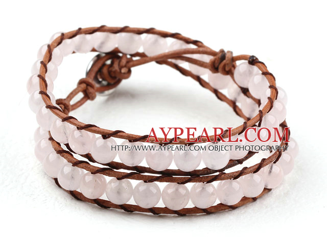 Two Rows Round Rose Quartz Beads Woven Wrap Bangle Bracelet with Metal Clasp