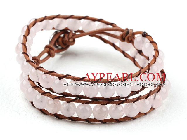 To rader Round Rose Quartz Perler weaved Wrap Bangle Bracelet med Metal Clasp