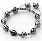 Black Series 10mm Round Tungsten Steel Stone and Rhinestone Beads Adjustable Drawstring Bracelet