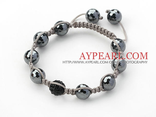 Black Series 10mm Round Tungsten Steel Stone and Rhinestone Beads Adjustable Drawstring Bracelet