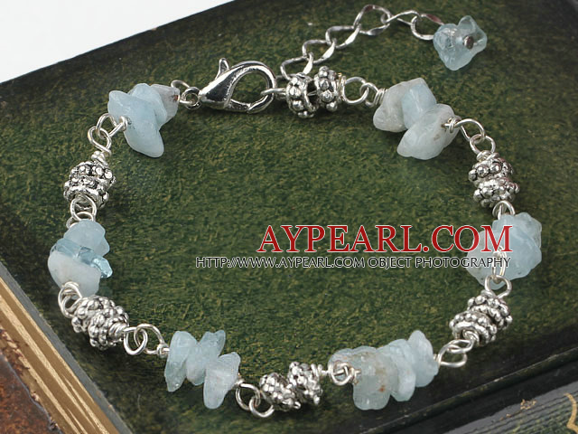 Nice Aquamarine Chips And Flower Metal Charm Bracelet With Extendable Chain