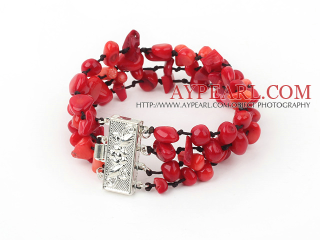 Wonderful Multi Strand Mixed Red Coral Black Threaded Bracelet With Inserted Closure
