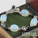 Elegant Black Freshwater Pearl And White Opal Stone Flower Metal Charm Bracelet With Toggle Clasp