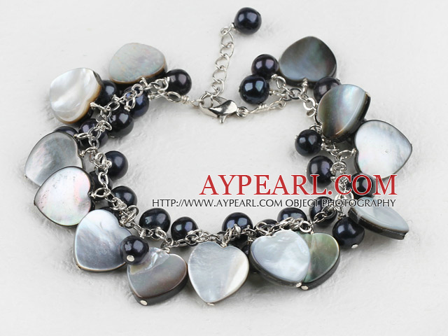 Fashion Black Freshwater Pearl And Heart Shape Lip Shell Link Bracelet With Extendable Chain