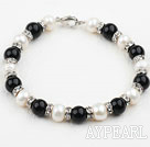 White Freshwater Pearl and Black Agate Bracelet with Rhinestone